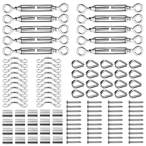 NUZAMAS 110 Pcsケーブルワイヤーフェンスの木製支柱用の頑丈なステンレス鋼ケーブル手すりキット、Balustradeキットには、M5アイターンバックル、登山プラント用のガーデンワイヤー、3mmワイヤーロープに適合