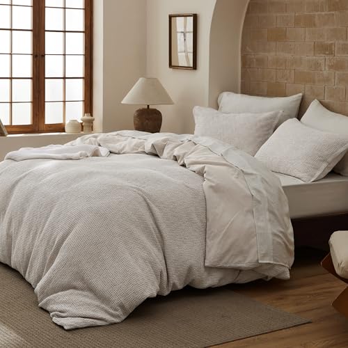 Image of Bedsure Waffle Duvet Cover King - 100% Cotton Duvet Cover Linen Color, Space-Dyed for Enhanced Bedroom Aesthetics, PureWoven and Stylish All-Season, 3-Piece Bedding Set with Button Closure, 104 inchx90 inch