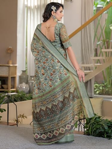 Image of Satrani Women's Linen Printed & Embroidery Ready To Wear Saree with Unstitched Blouse Piece