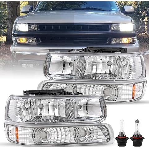 JSBOYAT 4pcs Headlight Assembly with Bulbs Fit for 1999 2000 2001 2002 Chevy Silverado 1500 2500/00-06 Chevy Tahoe Suburban Cover