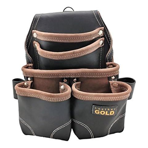 LEATHER GOLD Nail Pouch | Leather Tool Pouch 3150DP, 5 Pockets, Black, Oil-Tanned Leather, Heavy Duty Carpenter Tool Belt with Reinforced Seams and 2 Snap Loops Cover