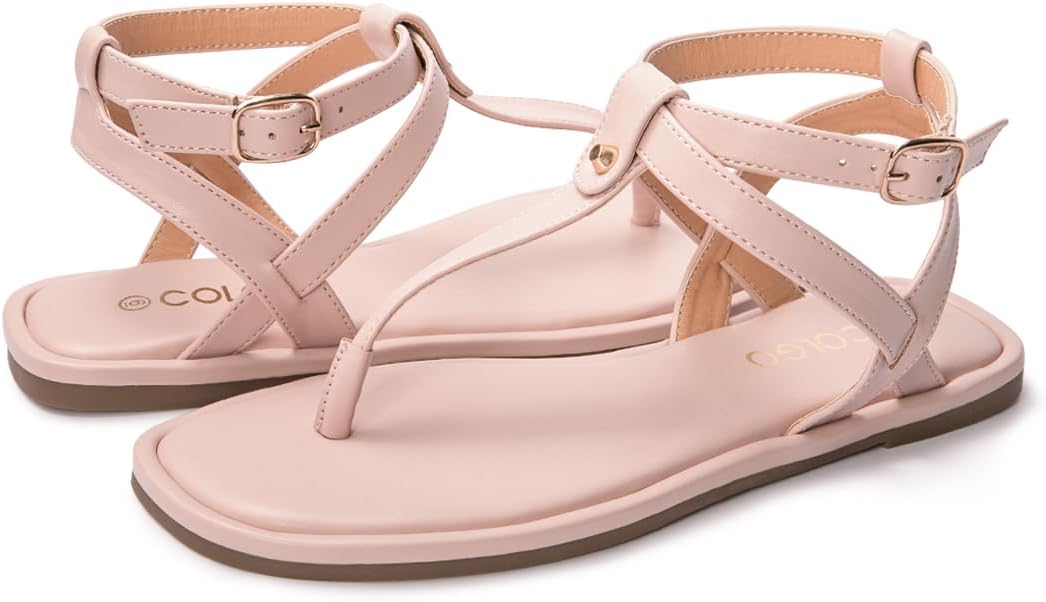 Colgo Thong Flat Sandals, Casual Women T-Strap Dress Sandals with Adjustable Ankle Buckle for Summer Wedding - Image 7
