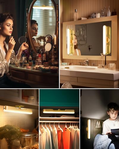 LED schminktisch beleuchtung, Dimmbar Vanity Mirror Licht für Schminktisch Lampe, 4000mAH Wiederaufladbar Spiegel Beleuchtung Ohne Kabel, Tragbare Abnehmbare 360° Spiegellampe Badezimmer（Gold）