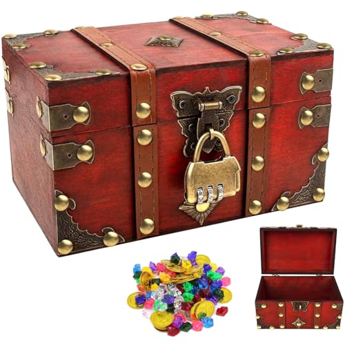 18*11.5*10.5cm Vintage Wooden Treasure Chest Pirate Antique Style Storage Box with Password Padlock Jewelry Organizer for Keepsakes Trinket Necklace Earrings Red Wood Decorative Container with Lid