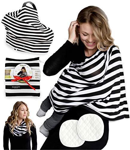 Baby Nursing Cover for Breastfeeding - 3 Pack Premium Set of Car Seat Canopy & Nursing Pads - Use As Stretchy Scarf, Poncho, Shawl, Wrap Up for Infant Boys & Girls