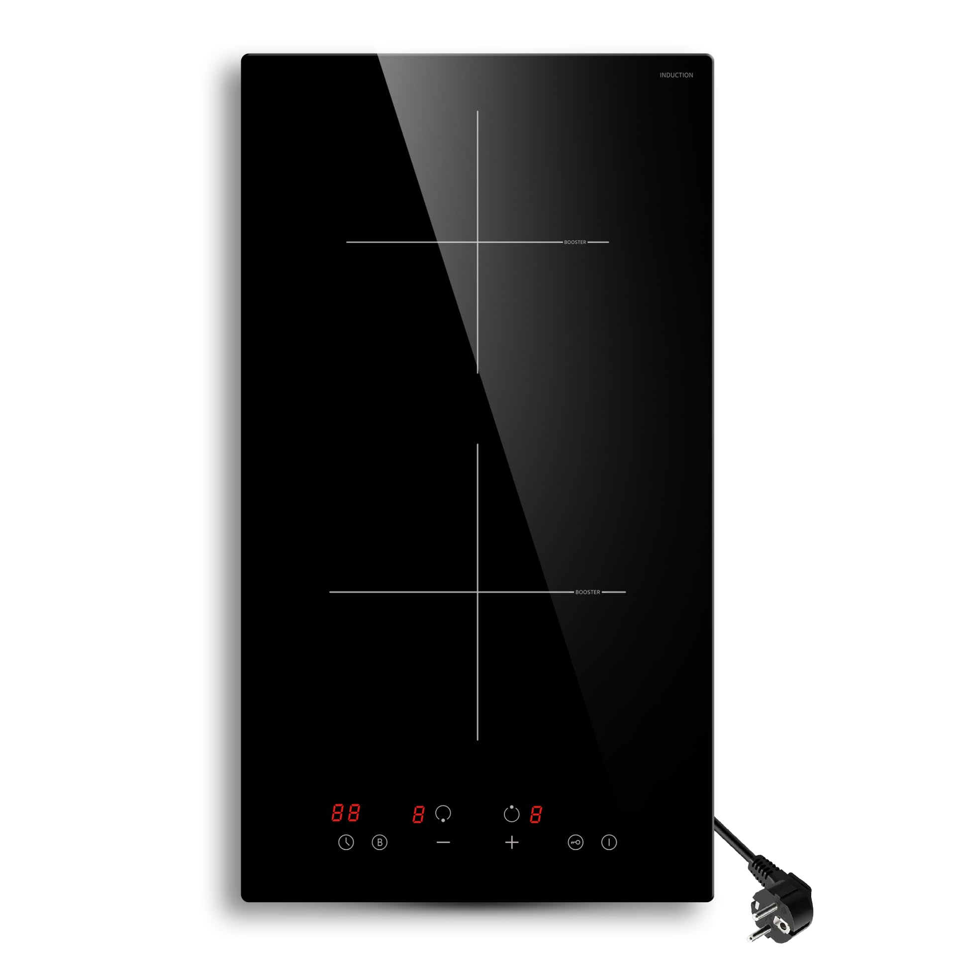 STARCHARTS Placa de inducción empotrable 2 fuegos, 29 cm 2990W, Placa eléctrica de cocción con control táctil de pantalla, función Boost, bloqueo para niños, 9 niveles de potencia, temporizador 99 min