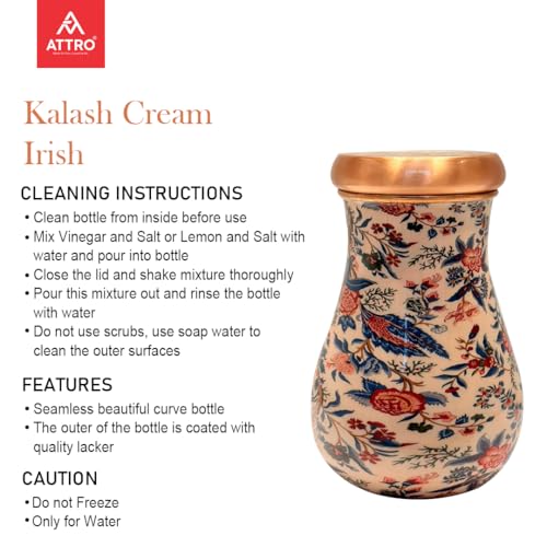 Image of ATTRO Kalash Copper Water Pot - Designer Water Storage & Serving, Ayurvedic Health Benefits, Supports Overall Health & Healthy Skin, 750ml Cream Irish