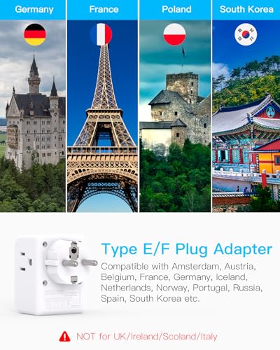 Image of 2 Pack Germany France Travel Plug Adapter, Type E /F Power Plug Adapter | 3 Outlets 4 USB Charging Ports(2 USB C), 7-in-1 Travel Essentials US to Europe France Germany South Korea Netherlands Spain