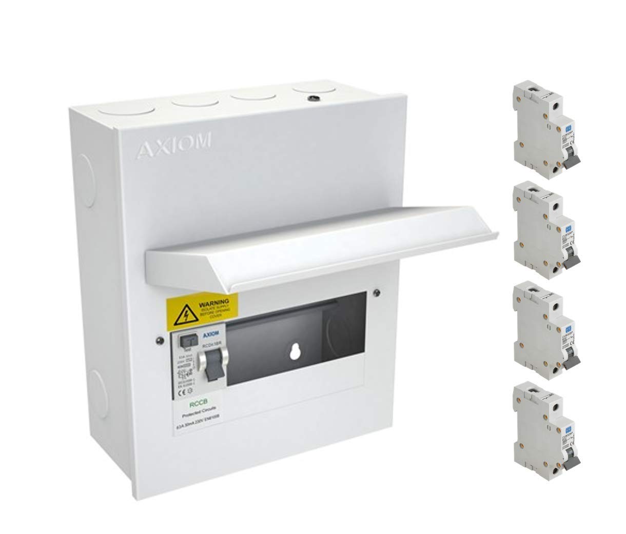 AXIOM Metall-CLAD AXIOM 4-Wege RCD Metall-CLAD Verbrauchereinheit 63 A DP RCD - komplett mit 1 x 63 A Hauptschalter RCD und 4 x MCB's EICR NICEIC genehmigt