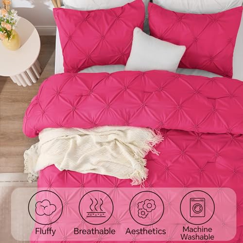 Image of BEDELITE Queen Comforter Set Hot Pink,Lightweight & Soft Comforter | Pintuck Boho Bedding, Warm & Cute Bed Set for All Season,With 2 Pillowcases