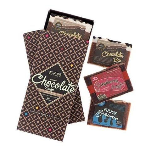 Rinse Bath & Body Box of Chocolate Soap - Handmade Natural Mothers Day Spa Soap Gift | Fudge Brownie, Chocolate & Raspberry | Moisturizing & Cleansing | Shea & Cocoa Butter w/Almond Oil | 12.75oz Cover