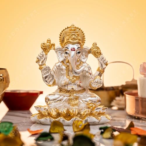 Image of Idolkart 24K Pure Gold and 999 Silver Coated Vastu Lotus Ganesh Idol /Murti for Diwali Puja, Home Temple, Office, Car Dashboard | Ganpati Vinayak Decorative Showpiece (3 inch)