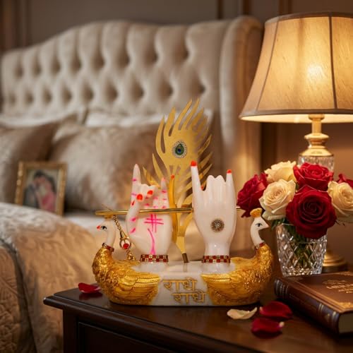 Image of HindCraft Krishna Flute Idol Showpiece for Home Decor - Radha Krishna Hands Statue with Swan Base, Spiritual Decorative Murti for Living Room, Temple, Office, Gift Item