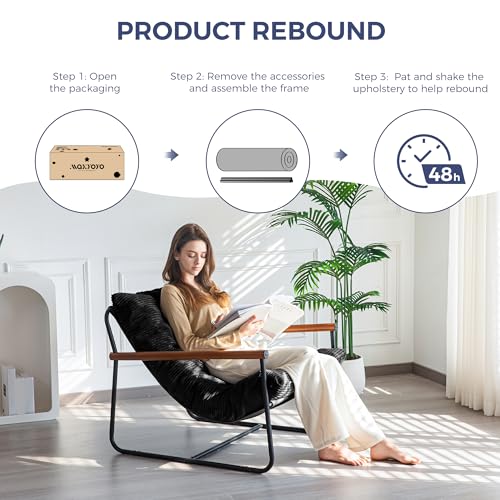 Image of MAXYOYO Modern Accent Chair, Comfy Living Room Chair with Metal Frame Wooden Armrest, Upholstered Armchair with Soft Cushion for Bedroom Balcony Lounge Reading Room, Black