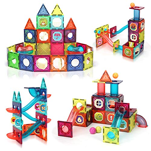 BeebeeRun 90 Piece 3D Magnetic Building Tiles,Marble Runs for Kids ,Magnet Toys,Clear Color Magnetic Building Blocks,STEM Learning Educational Playset Gift for Kids Ages 3 4 5 6 7 8+ Years Old