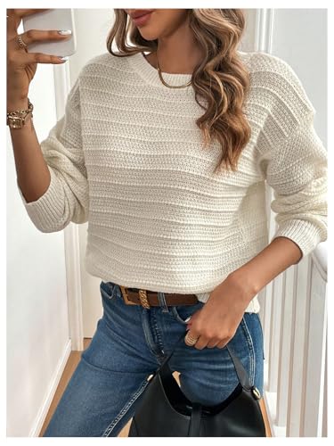 Image of MakeMeChic Women's Bow Sweater Drop Shoulder Crew V Neck Fall Sweaters Pullover Tops