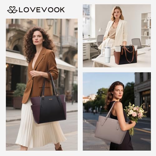 LOVEVOOK Laptop Tote Bag for Women With Large Cup Holder, Leather Work Tote Bag for Women,17.3 Inch Professional Computer Briefcase Business Teacher Commuter Shoulder Bag,Office Travel Gift — view 2
