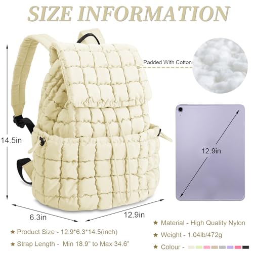 Image of izuzta Quilted Puffer Backpack for Women, Lightweight Soft Nylon Quilted Hiker Pack, Trendy Puffy Padding Gym Backpack, Travel Bag for Casual Daypack Hiking Sport (Beige)