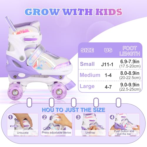 Roller Skates for Girls Boys Kids Age 3-12 Years Old 4 Sizes Adjustable with Wheels Light up, Birthday Gift for Children Teens, Indoor Outdoor