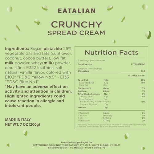 Image of EATALIAN by AMZ BETTER Spreadable Crunchy Pistachio Cream 7 oz /200 gr, Pistachio Cream with Grains, Protein Paste, Sweet Taste, Ideal for Filling Cakes, Excellent for Dubai Chocolate, Made in Italy