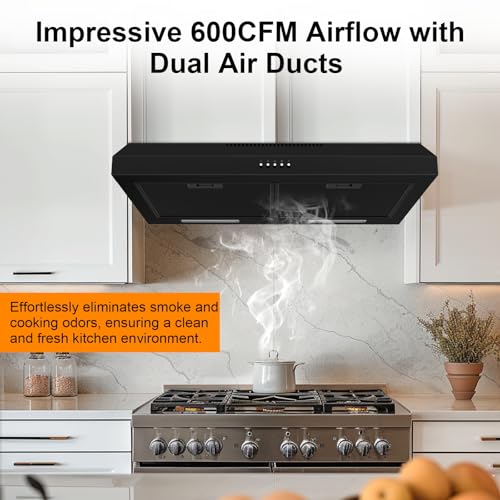 Upgraded 600 CFM Range Hood 30 inch, Black Under Cabinet Range Hood for Duct/Ductless Convertible, Stainless Steel Kitchen Stove Vent with 3 Speed Kitchen Exhaust Fan and Two Bright Energy-Saving LED