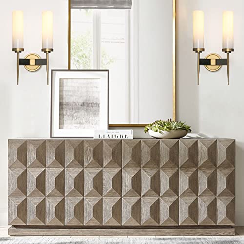 Image of PERMO Vintage Bronze Antique Single Wall Sconce Lighting Fixture with 2.8 inch Cylindrical Clear Glass Shade (1 Head) (2 Heads Milk White Glass Shade)