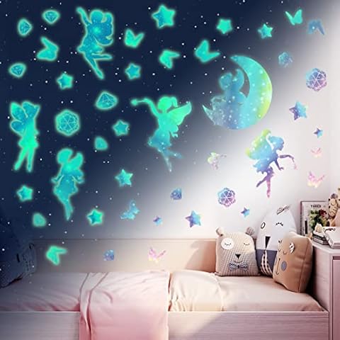 TOARTi Glow in The Dark Fairy Wall Stickers, Girls Bedroom Decorations Luminous Fairies Wall Decals, Ceiling Glowing in The Dark Stars Diamond Butterfly Wall Art for Girls Room Nursery Decor(140 pcs) Cover