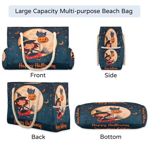 Cute Cat Bat Halloween Beach Bags Waterproof Sandproof for Women, Large with Zipper Pool Beach Tote Reusable Grocery Shoulder Bag for Swim Travel Shopping Vacation Picnic4