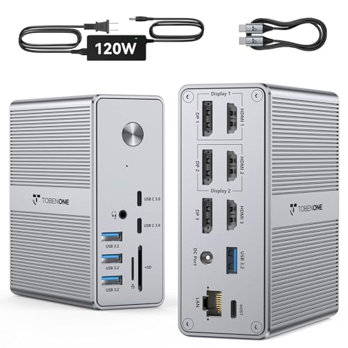 TobenONE DisplayLink Docking Station Triple Monitor with 120W Power Adapter, Triple 4K Display for MacBook Pro/Air, Thunderbolt 4/3, USB-C Windows(3X HDMI, 3X DP, 2xUSB-C, 4xUSB 3.2, SD/TF)