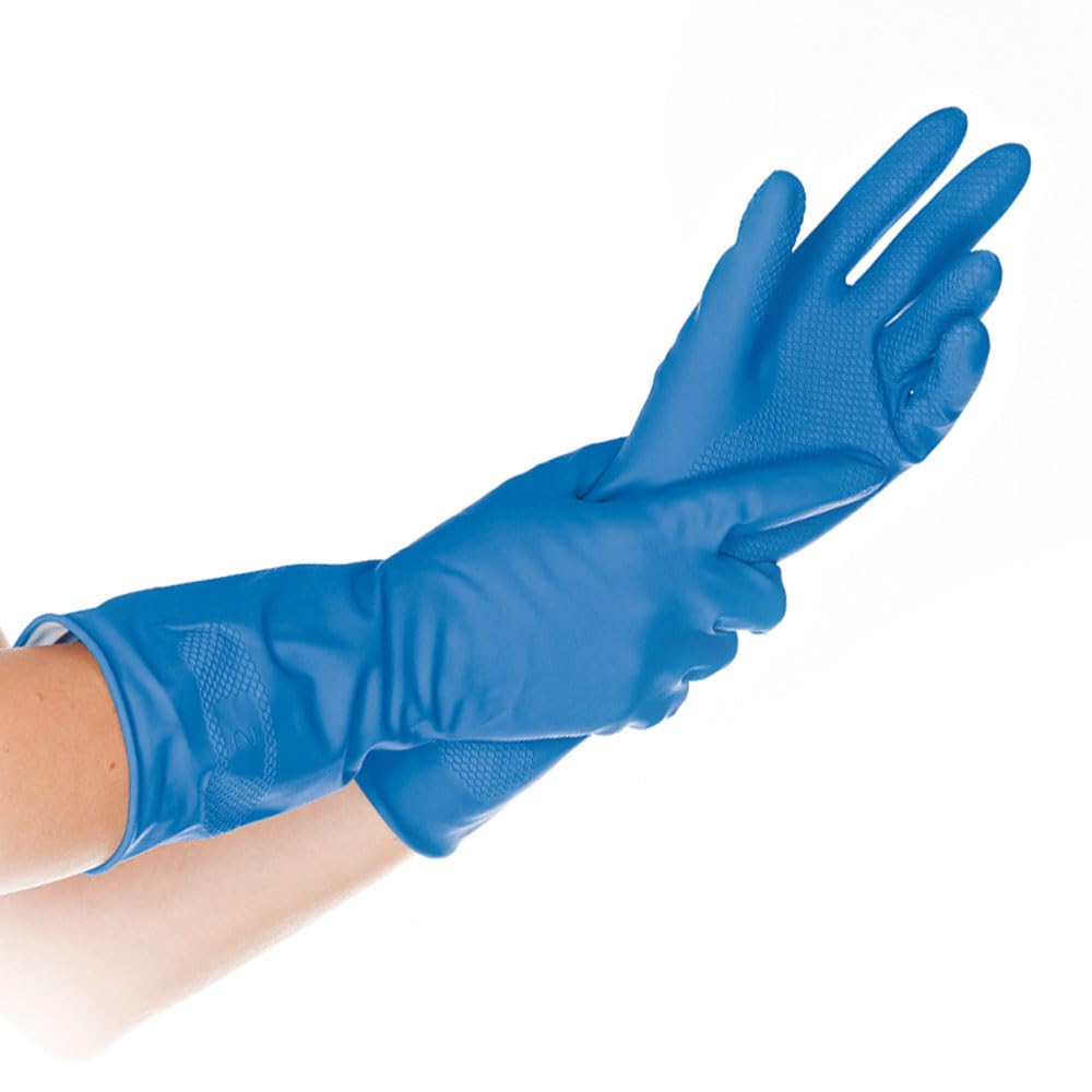FRANZ MENSCH 144 Stück Hygostar Haushaltshandschuhe Bettina | Latex, blau, 9/L, L: 30cm, Karton, Haushaltshandschuhe, Reinigungshandschuhe