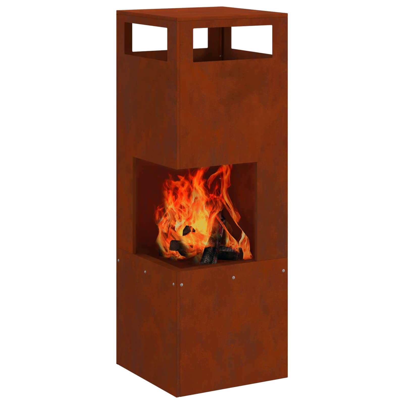 Brasero rectangulaire en acier résistant aux intempéries, marron, 35 x 35 x 100 cm, pour jardin, terrasse, atmosphère chaleureuse le soir