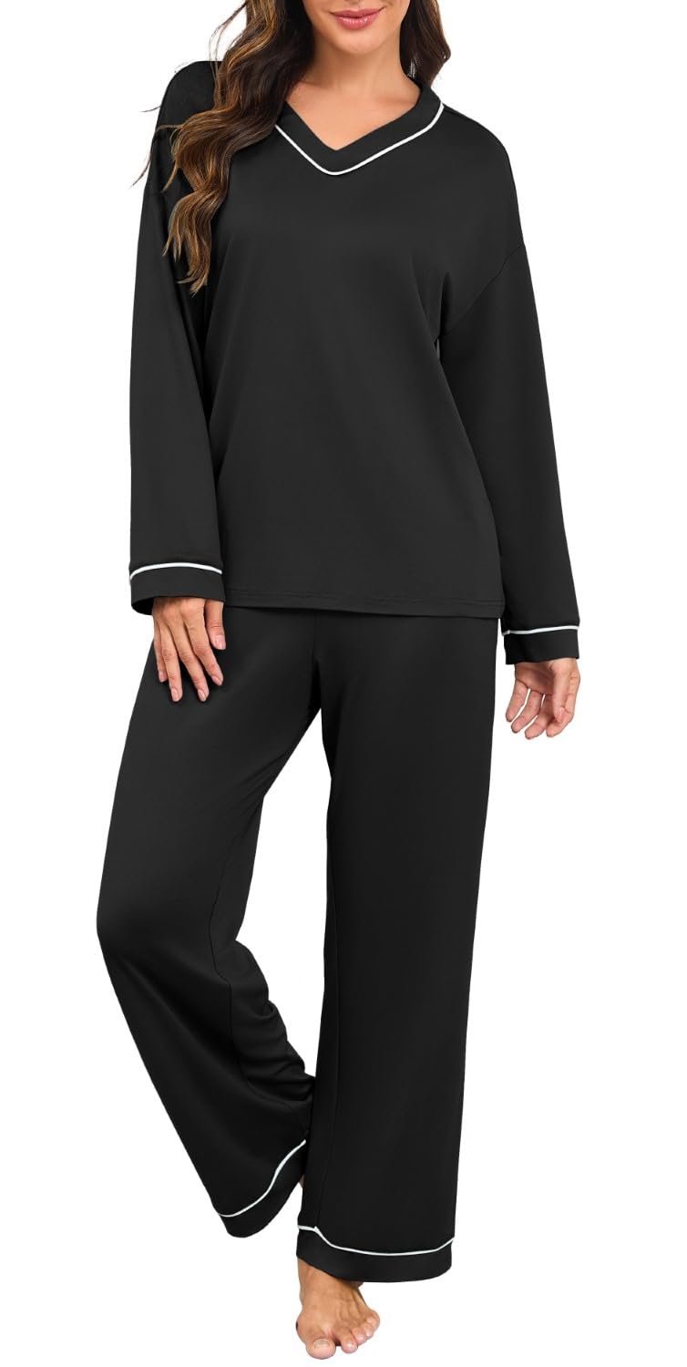 PrinStory Womens Pyjamas Long Sleeve Pyjamas Set V Neck Pajama Colour Clashing Nightwear S...