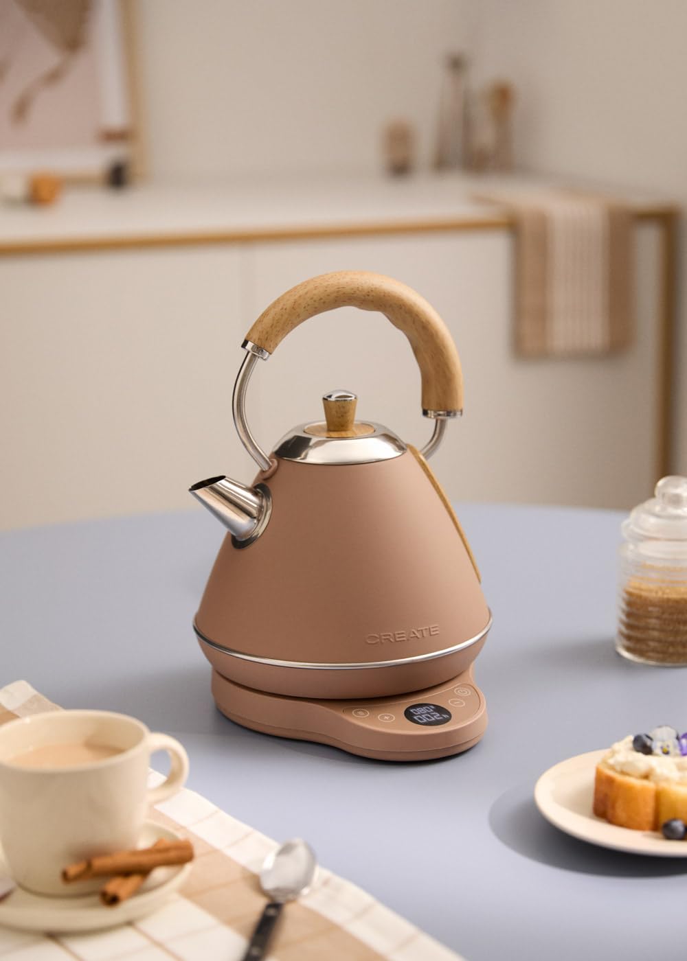 CREATE/KETTLE RETRO PRO/Bouilloire électrique 1 L avec contrôle de température moka/Système d’arrêt automatique, ébullition rapide, base antidérapante, panneau transparent, 1200W