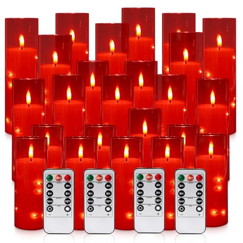 Image of 24-Pack Flameless LED Candles with Star String Lights - Red Acrylic Pillar, Realistic Flickering, Remote Control & Timer for Home Decor, Wedding, Christmas