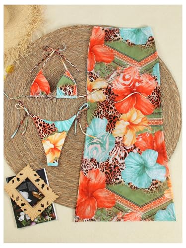 GORGLITTER Women's 3 Piece Floral Leopard Swimsuit Halter Triangle High Waisted Thong Bikini Set with Beach Skirt2