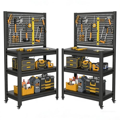 2 Sets Work Bench with Pegboard,Heavy Duty 3000lbs Capacity Workbench with Wheels Adjustable Shelves,Tool Cart,Work Table 47.2