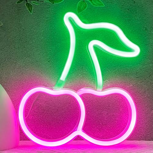 Image of HOHOSIGN Cherry Neon Sign Lights LED Lamp Cherry Decor Birthday Party Decorations, Pink Green Accessories for Women Fruit Gifts, USB /Battery Operated Neon Sign for Wall Decor Room Home Girls Bedroom