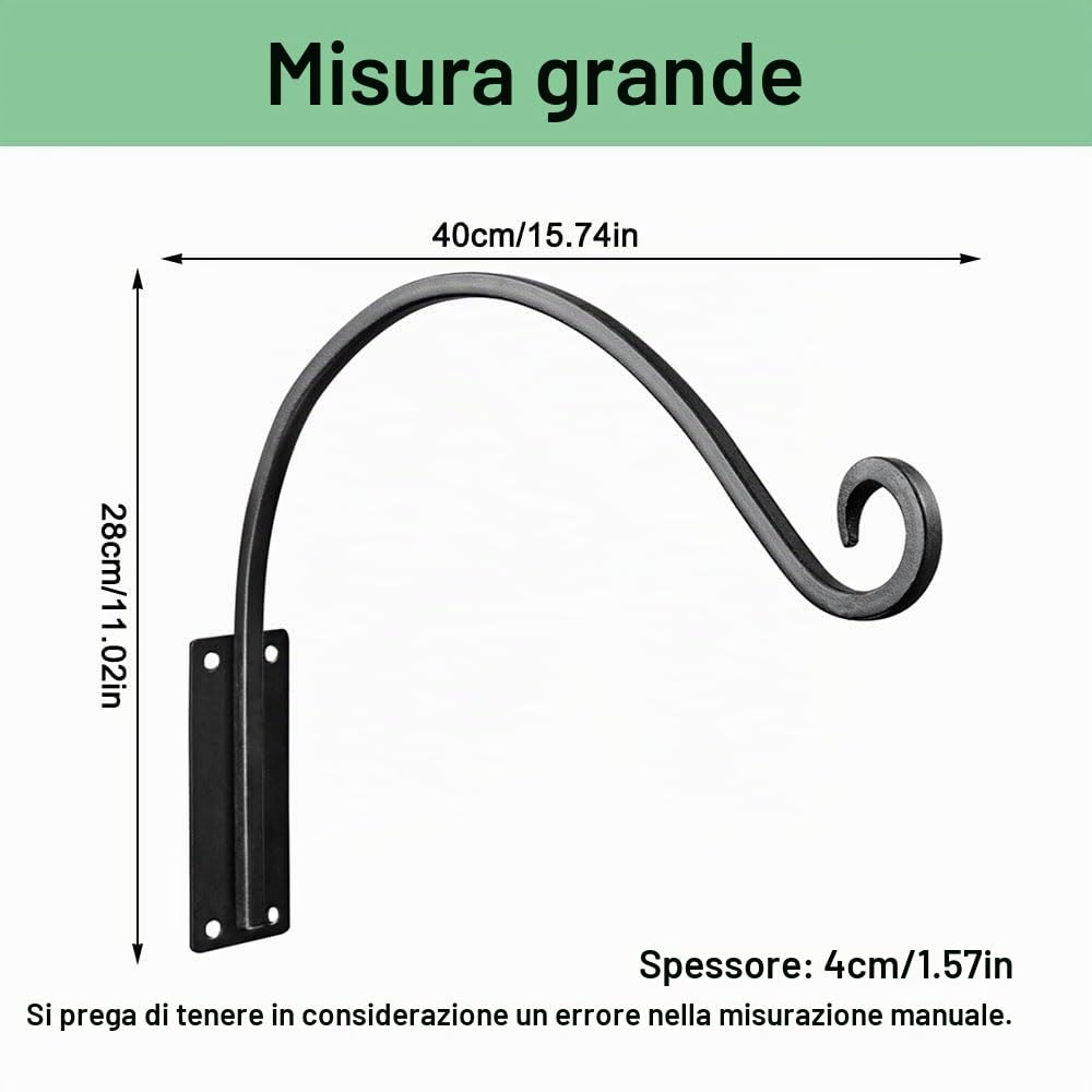 Portavasi pensile per esterni, set di 2 ganci da parete resistenti per supporti per piante, staffe per cesti appesi per mangiatoie per uccelli, carillon a vento e cesti per piante (28 x 40 cm)