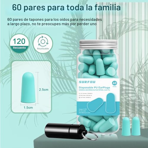 Miniatura 2 de Surfou Tapones Oidos Ruido Dormir, 60 Pares, Reducción 38 Db, Reutilizables Y Ultra Suaves, Ideales Para Personas Que Duermen De Lado, Viajes, Casa Y Estudio, Turquesa