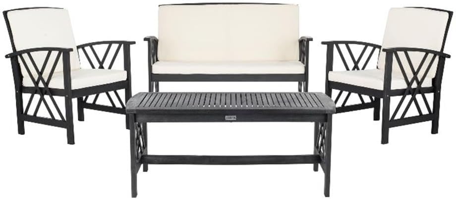 Pemberly Row Transitional Wood 4-Piece Outdoor Sofa Set, Black and Beige Finish, Acacia and Galvanized Steel, Weather-Resistant Patio Furniture Set for Garden, Poolside, or Outdoor Dining Spaces