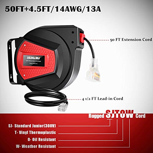 Retractable Extension Cord Reel, 50 FT + 4.5FT Heavy Duty Extension Cord Reels, 14AWG/3C SJTOW, 3 Grounded Outlets, Triple Tap with LED Lighted Connector, 13A Circuit Breaker and Adjustable Stopper