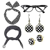 TUMUSKER Damen 50er Jahre Rockabilly Zubehör Set, 1950er Jahre Polka Dot Stirnband Chiffon Schal Katzenauge Brille und Punkte Ohrringe für Damen Vintage Halloween Kostüm (Schwarz)