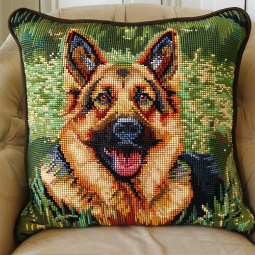 XDEGHUANGSS DIY Latch Hook Kit Cushion German Shepherd Dog Animal DIY Hook Crochet Yarn Needle Craft Easy Handmade Cushion for Home Sofa Decoration 43x43cm