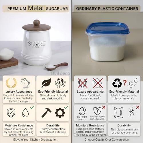 Image of Stylish Airtight Container for Kitchen, Tea Coffee Sugar Salt Storage, Metal with Wooden Lid & Spoon, 1000ml, Canister for Kitchen Counter top | Food-Safe Jar Set-4 (Tea Coffee Sugar & Salt)