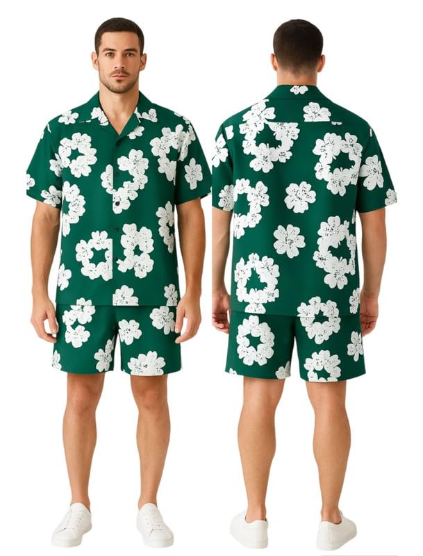Men’s Printed Co-Ord Set | Plus Size Casual Shirt & Shorts Set | Nightwear Pajama Suit, Loungewear, Beachwear & Vacation Outfit Design No NS JIIOO Green XL-image-29