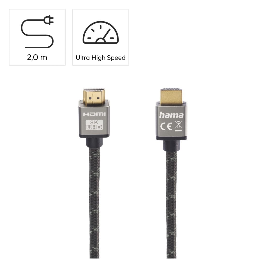 Hama Kabel Premium HDMI 2.1 Ultra High Speed (8K, full metal, pełne ekranizowanie, pozłacany, 60 Hz/120 Hz, 2m) szary/czarny