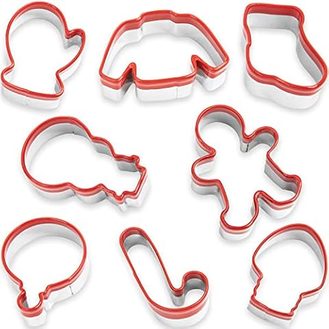 COOKIEQUE 8Pcs Christmas Cookie Cutters Set with Gingerbread Man, Snow Man, Christmas Ornament, Light Bulb, Candy Cane and More, Unique Design with Protective Red Top PVC Cover