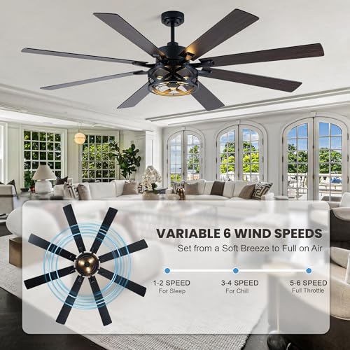 Image of Dawn Whisper Black Ceiling Fans with Lights 72 Inch Farmhouse Ceiling Fan with Remote Quiet Reversible DC Motor 6 Speeds 8 Blades Large Industrial Chandelier Fan for Living Room Bedroom