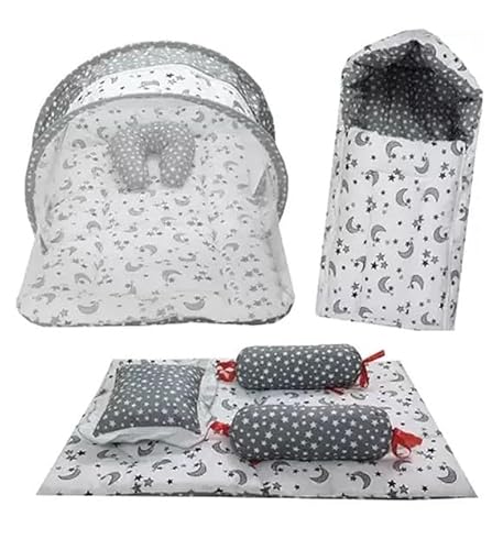 Infantbond Designer Mattress with Net | Baby Sleeping Bag | Carry Bed (0-6 Months) (Moon Grey(N,S))