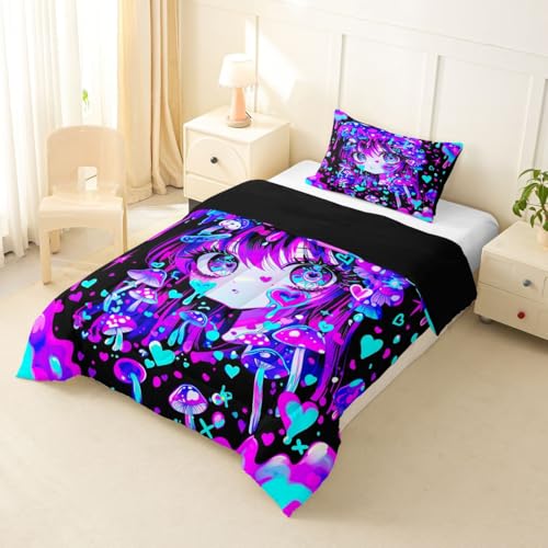 Image of Erosebridal Japanese Girl Bedding Twin,Cartoon Girly Comforter Set 3D Anime Gifts Bed Sets Colorful Graffiti Print Duvet Insert 2 Pieces